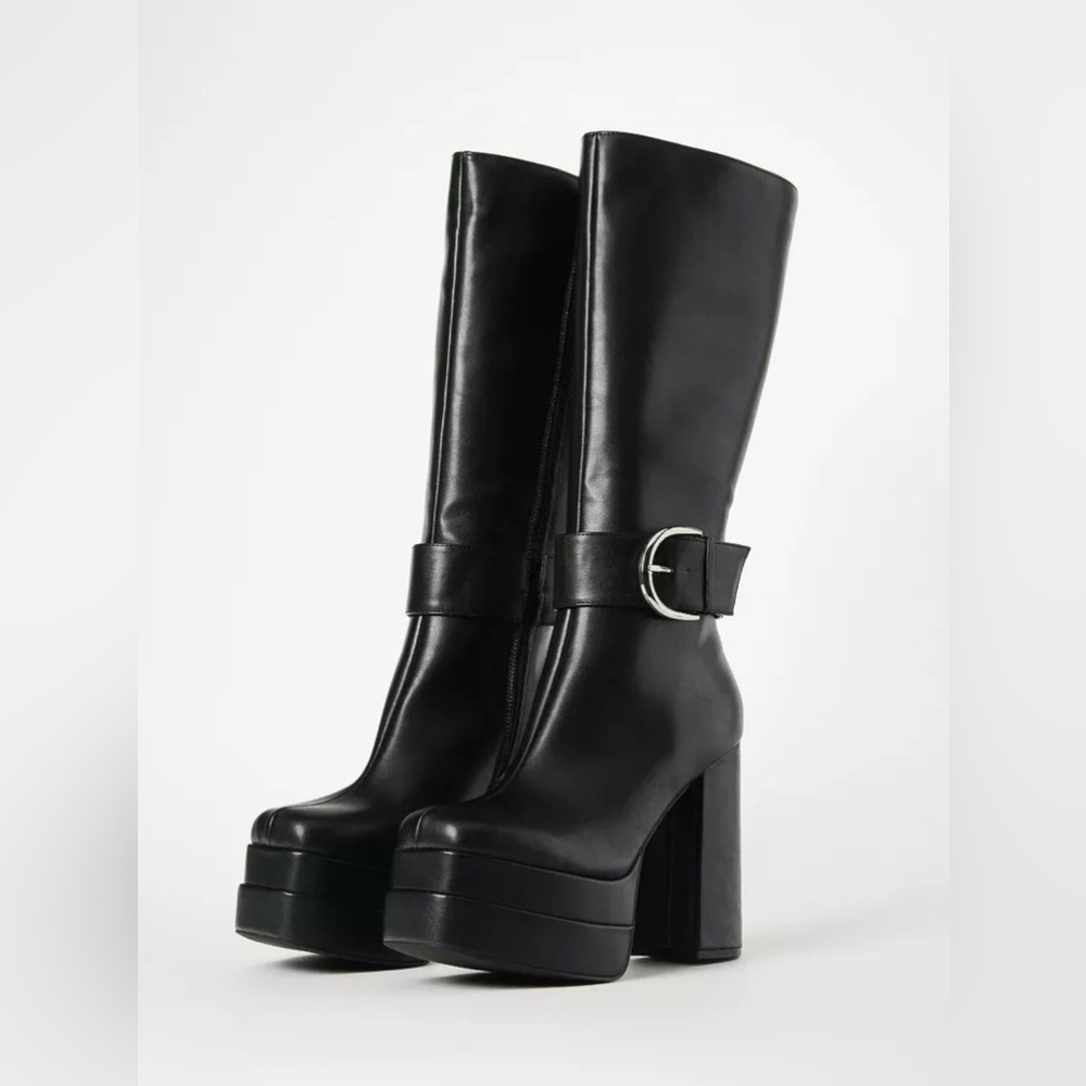 SHOE DAZZLE Black Platform Knee-High Tall Chunky Heeled Boots Shoes Size 10 - Picture 3 of 14